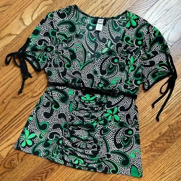 Studio 1940 Green Floral & Polka Dot Polyester Empire Waist Women’s Blouse Sz L - Picture 13 of 14